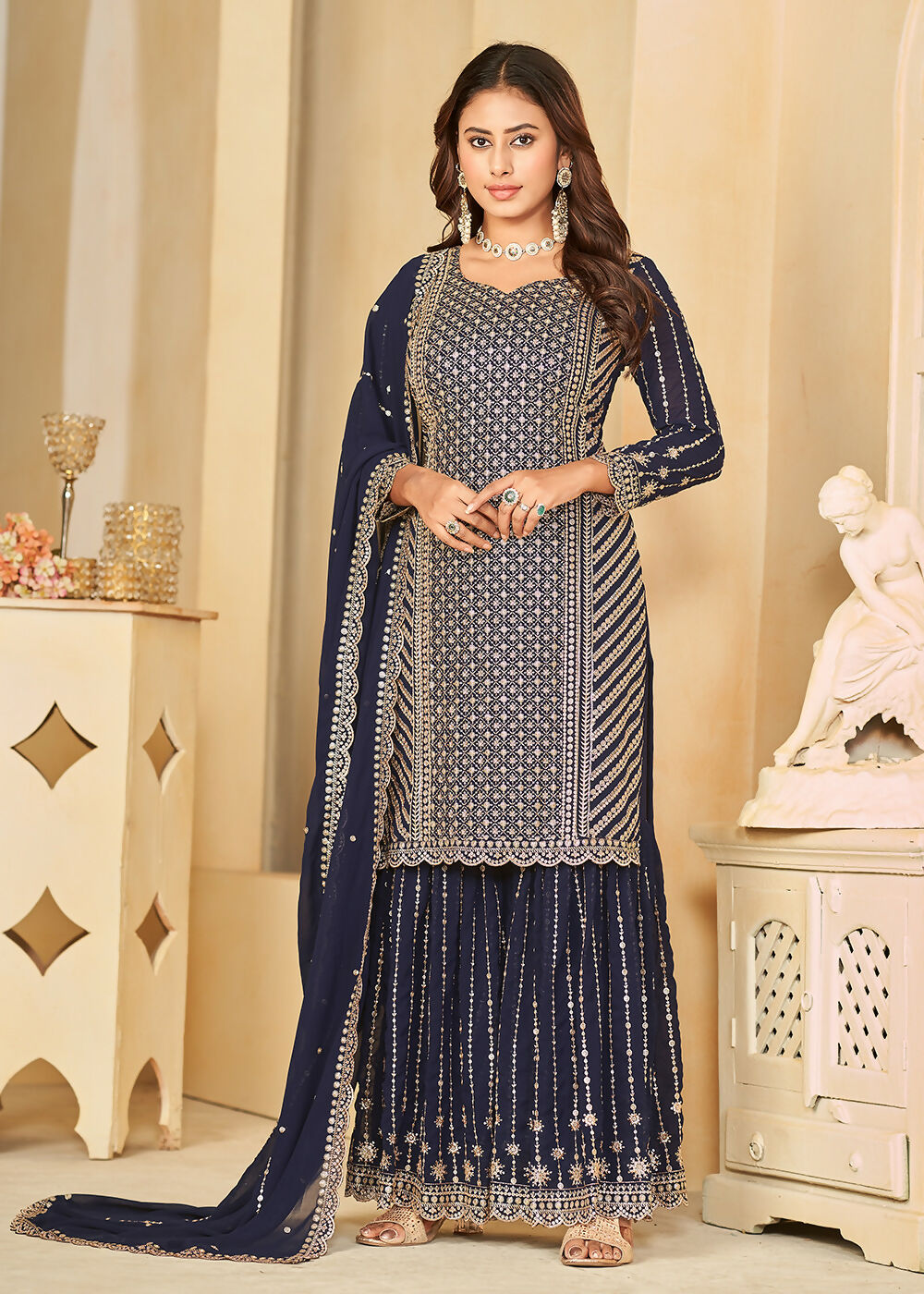 Mesmeric Blue Faux Georgette Palazzo Suit with Embroidery - Emponline | Grocsy