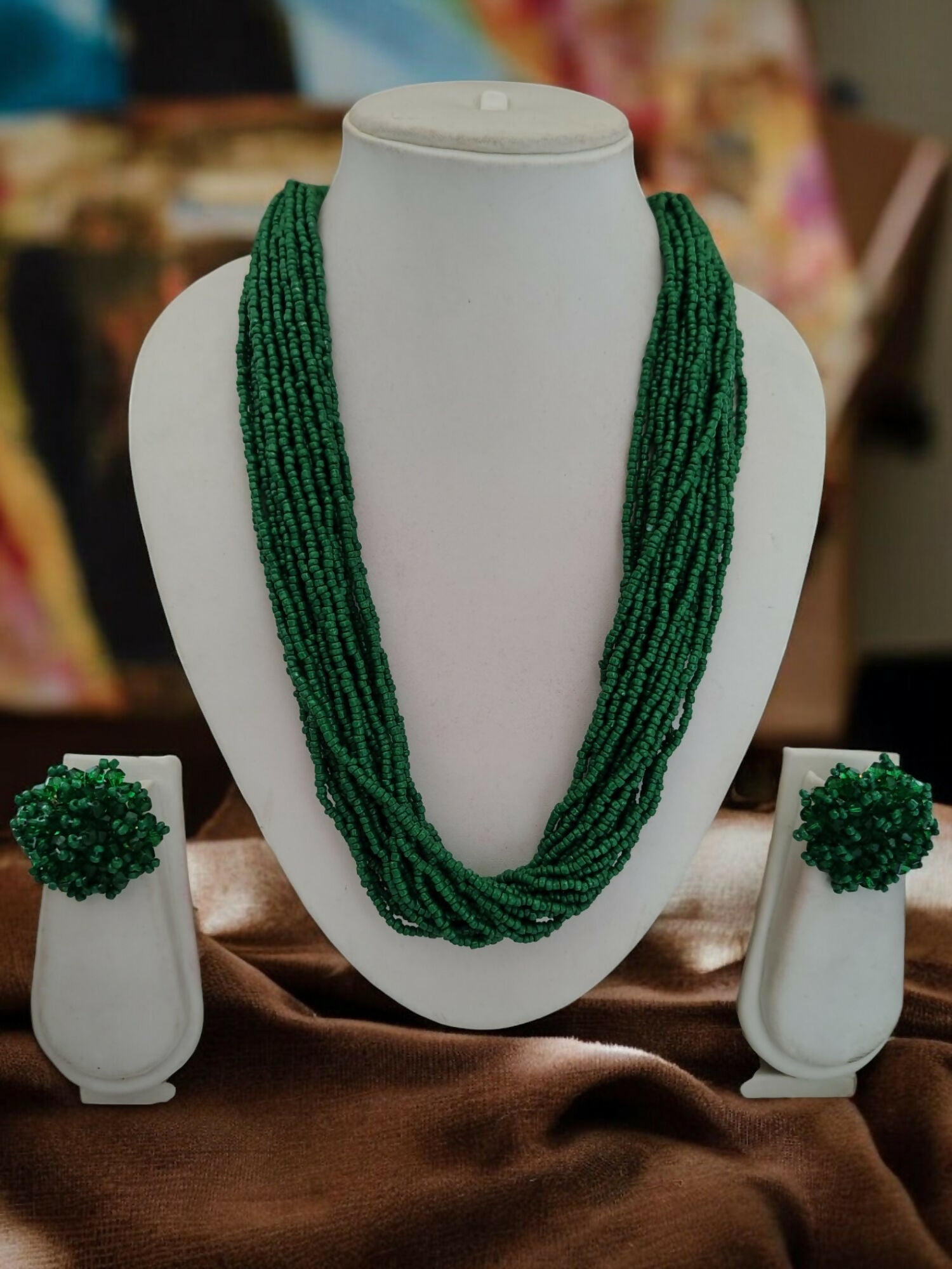 Inhanns Vibrant Handmade 20 Layers Beaded Necklace With Matching Earrings - Green | Grocsy