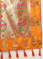 Lorenvalley Fashion Orange Soft Paithani Silk Woven Design Gold Zari Meenakari Weaving Saree | Grocsy