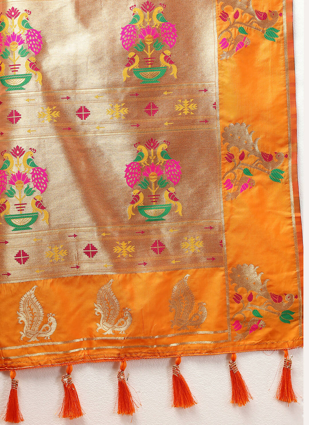 Lorenvalley Fashion Orange Soft Paithani Silk Woven Design Gold Zari Meenakari Weaving Saree | Grocsy