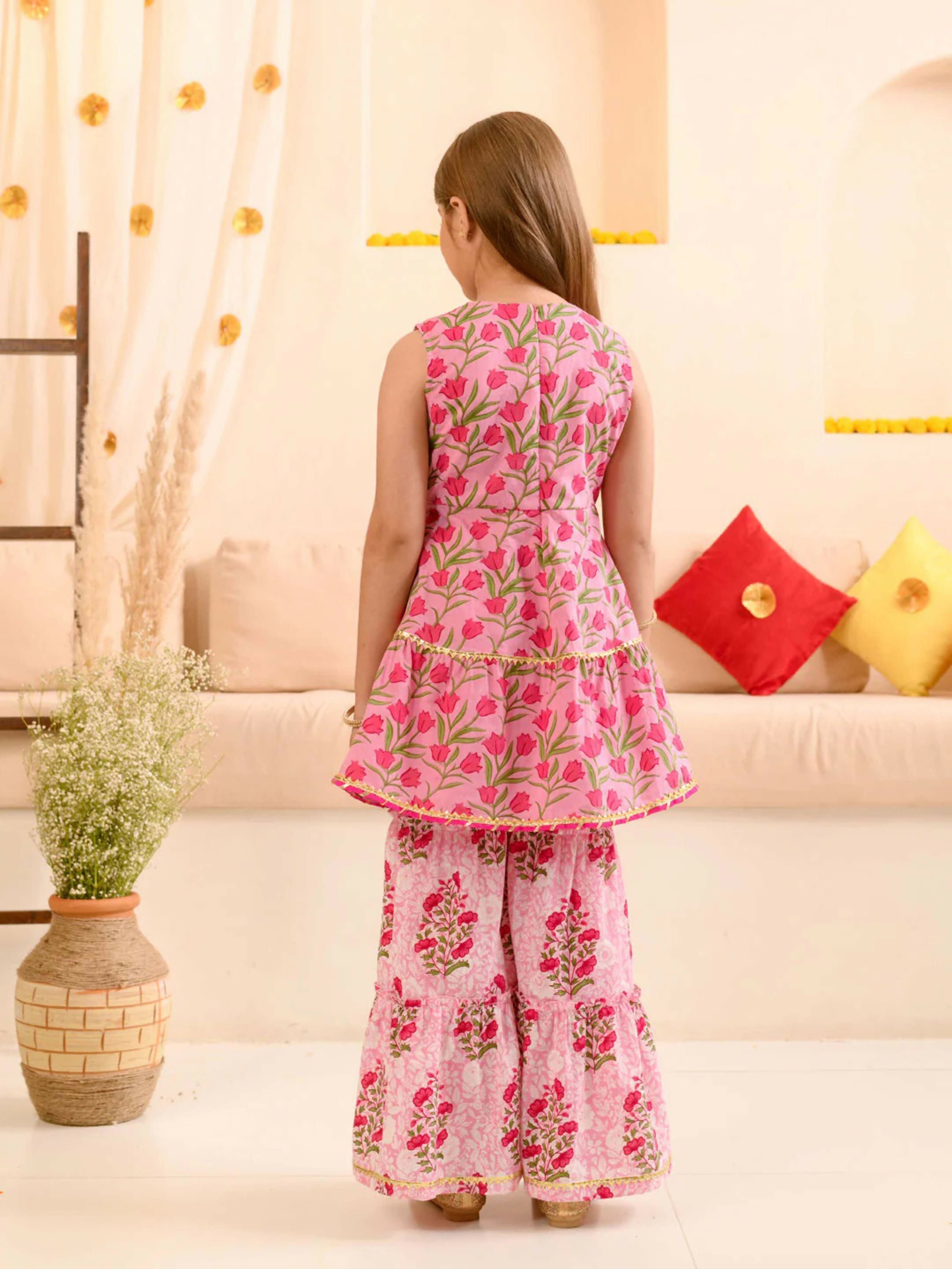 Joban Fashion Girl's Pink Color Sharara Set | Grocsy
