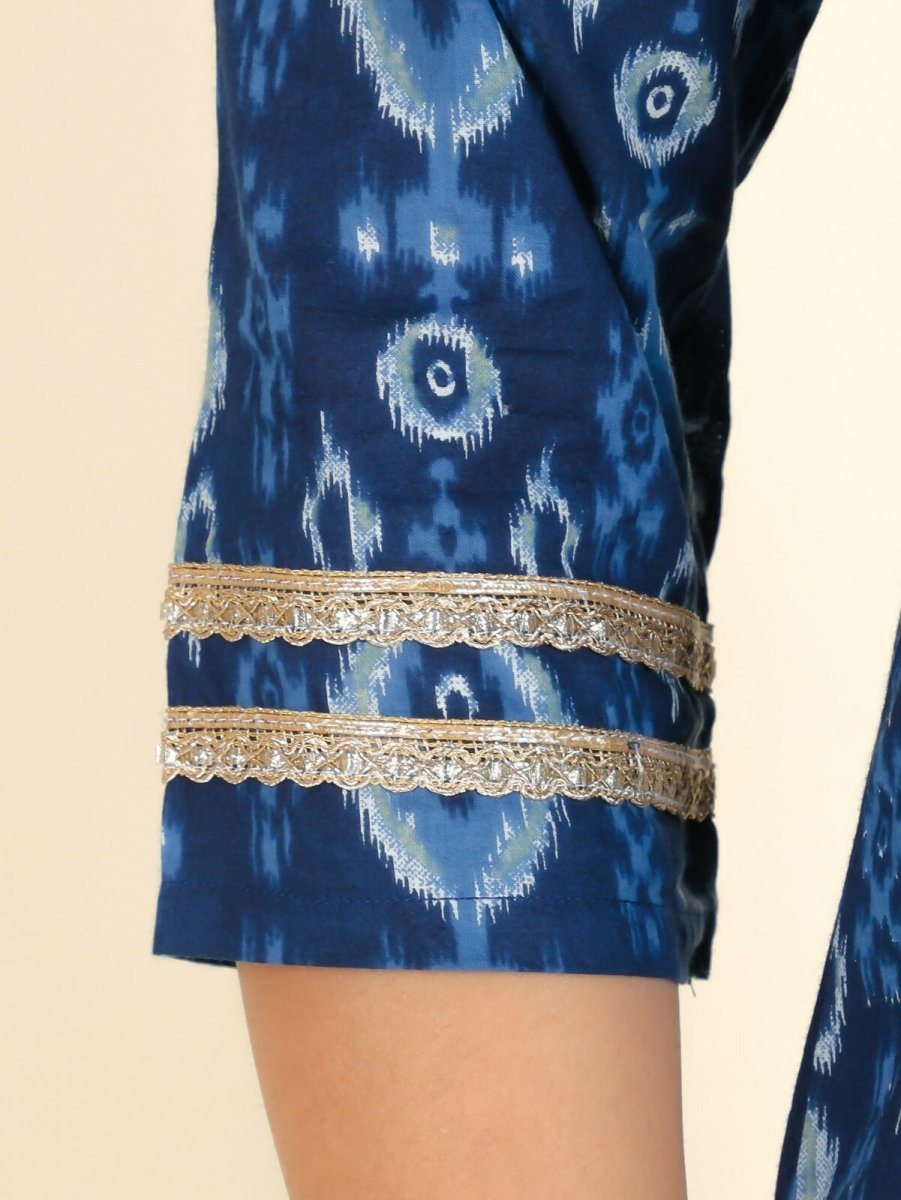 Aramya Straight Soft Cotton Ikat Print Women's Kurta Set - Blue | Grocsy