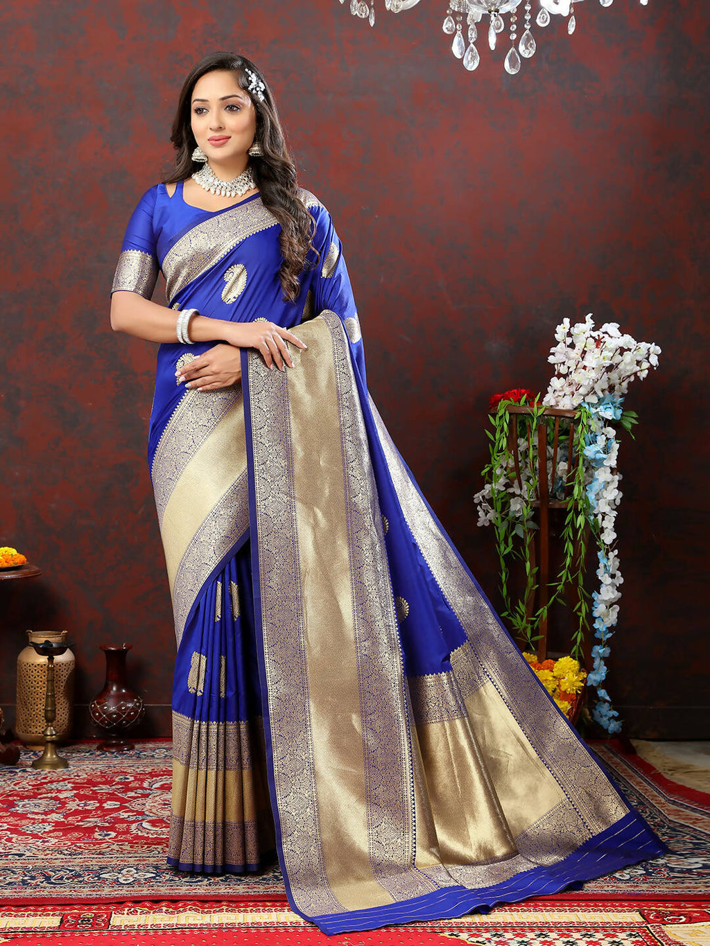 Lorenvalley Fashion Blue Soft Silk Woven Design Gold Zari Weaving Saree | Grocsy