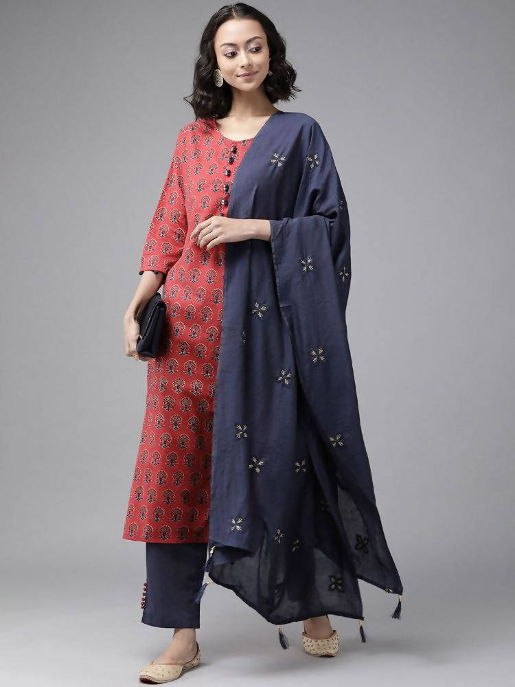 Yufta Women Red Pure Cotton Handblock Print Kurta with Trouser & Dupatta | Grocsy