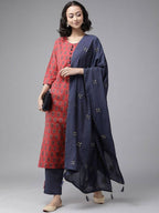 Yufta Women Red Pure Cotton Handblock Print Kurta with Trouser & Dupatta | Grocsy