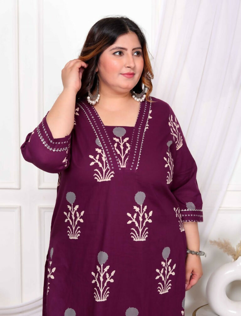 Miravan Women's Plus Size Cotton Fabric Purple Kurta With Palazzo | Grocsy