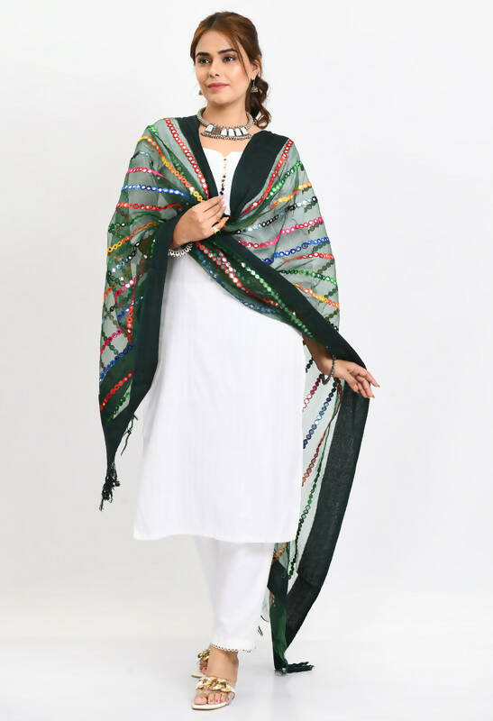 Mominos Fashion Moeza Women's Orgenza Multi Thread Mirror Work Bottle Green Dupatta | Grocsy