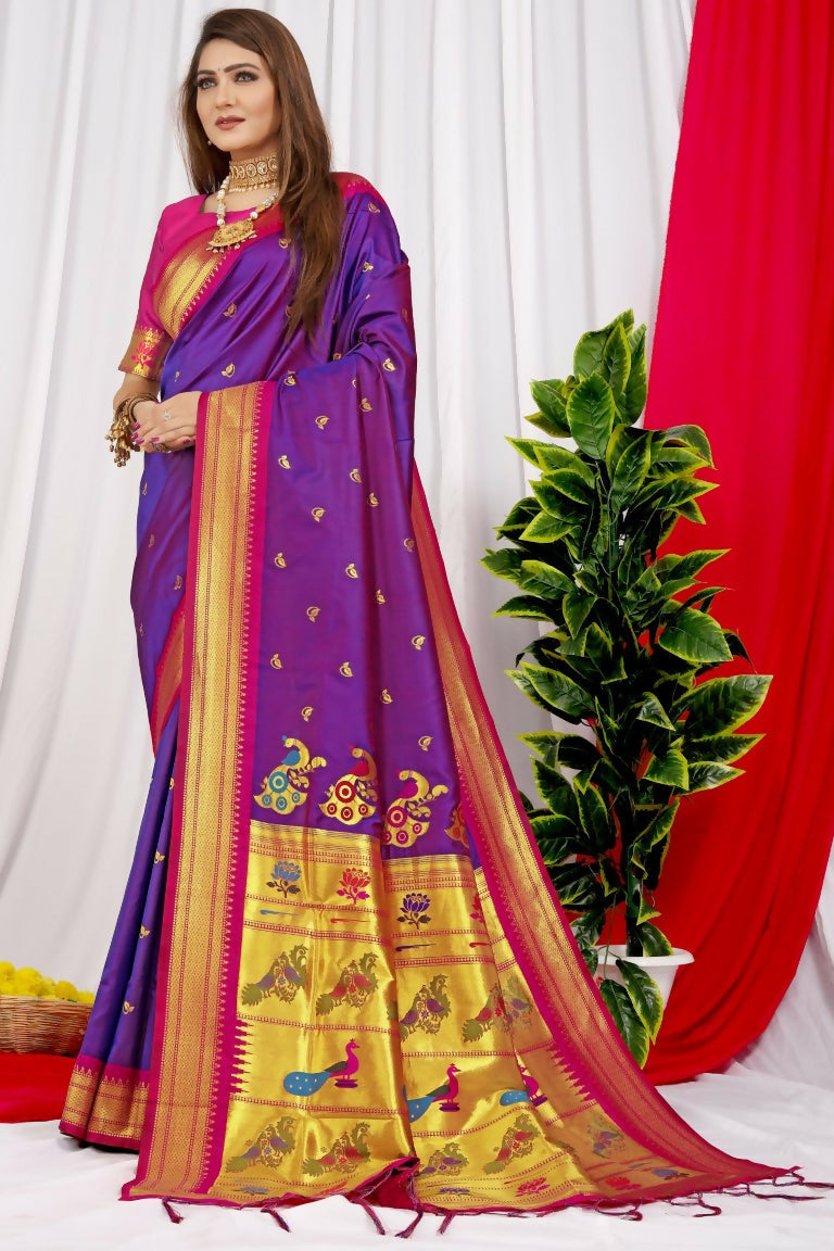 Jyoti Fashion Women's Purple Paithani Silk Zari Woven Saree with Blouse | Grocsy