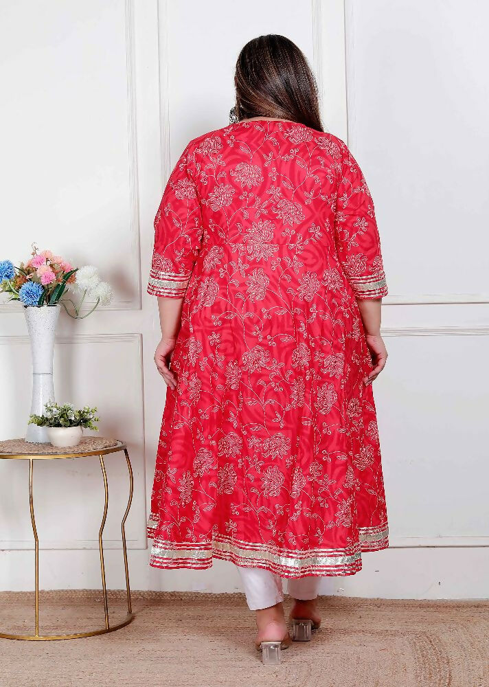 Miravan Plus Size Women'S Red Embroidered Anarkali Kurta And Dupatta  | Grocsy