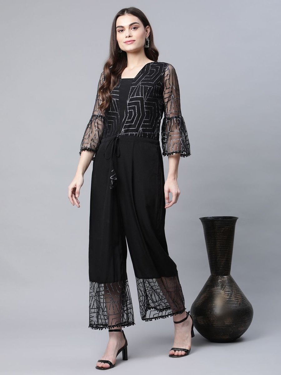 Ahalyaa Womens Crepe & Net Black Printed Jumpsuit | Grocsy