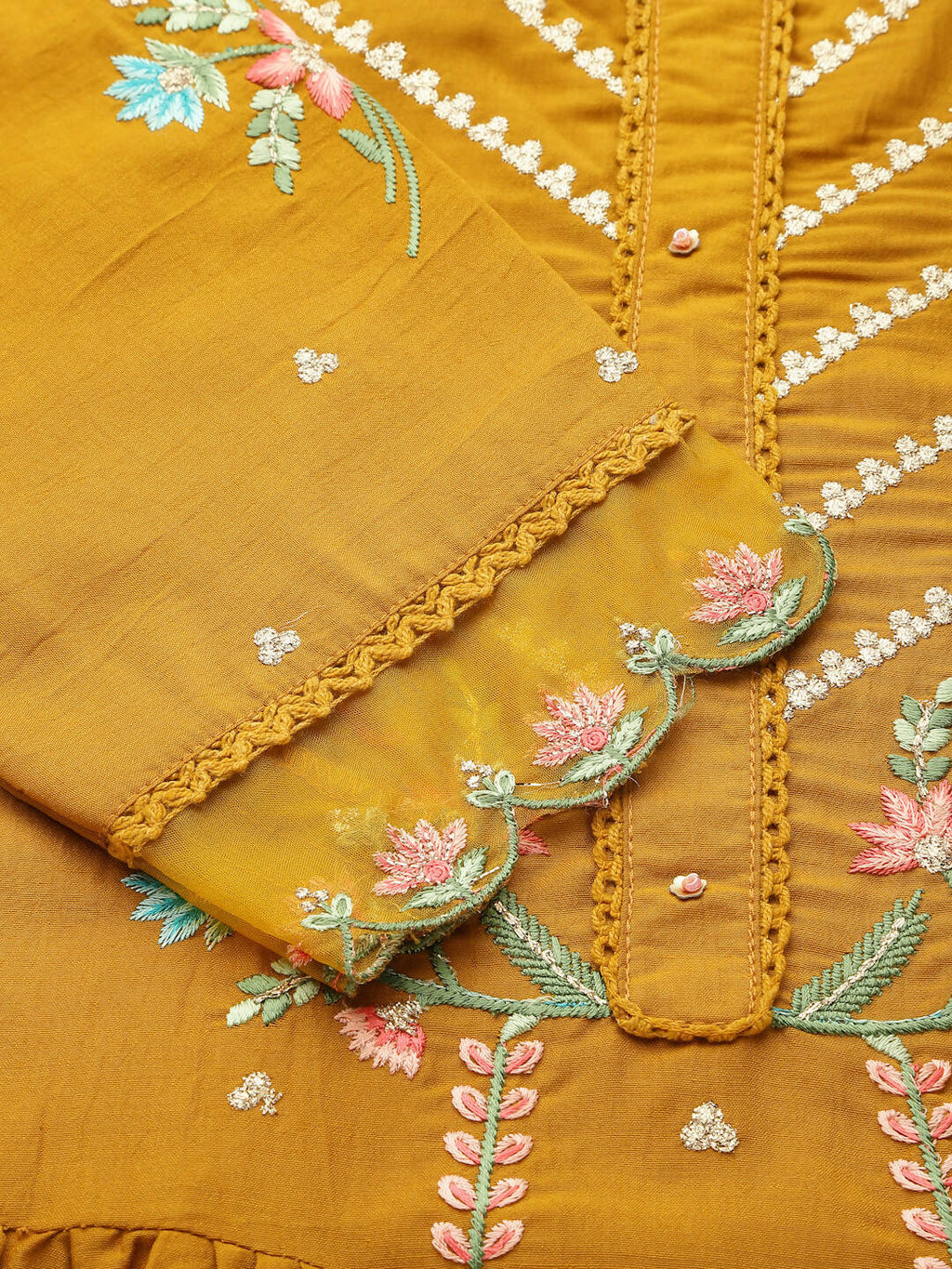 Mustard Embroidered Chinon Straight Kurta With Trouser & Dupatta - Salimar | Grocsy