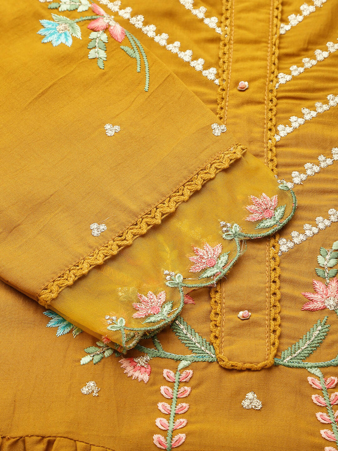 Mustard Embroidered Chinon Straight Kurta With Trouser & Dupatta - Salimar | Grocsy