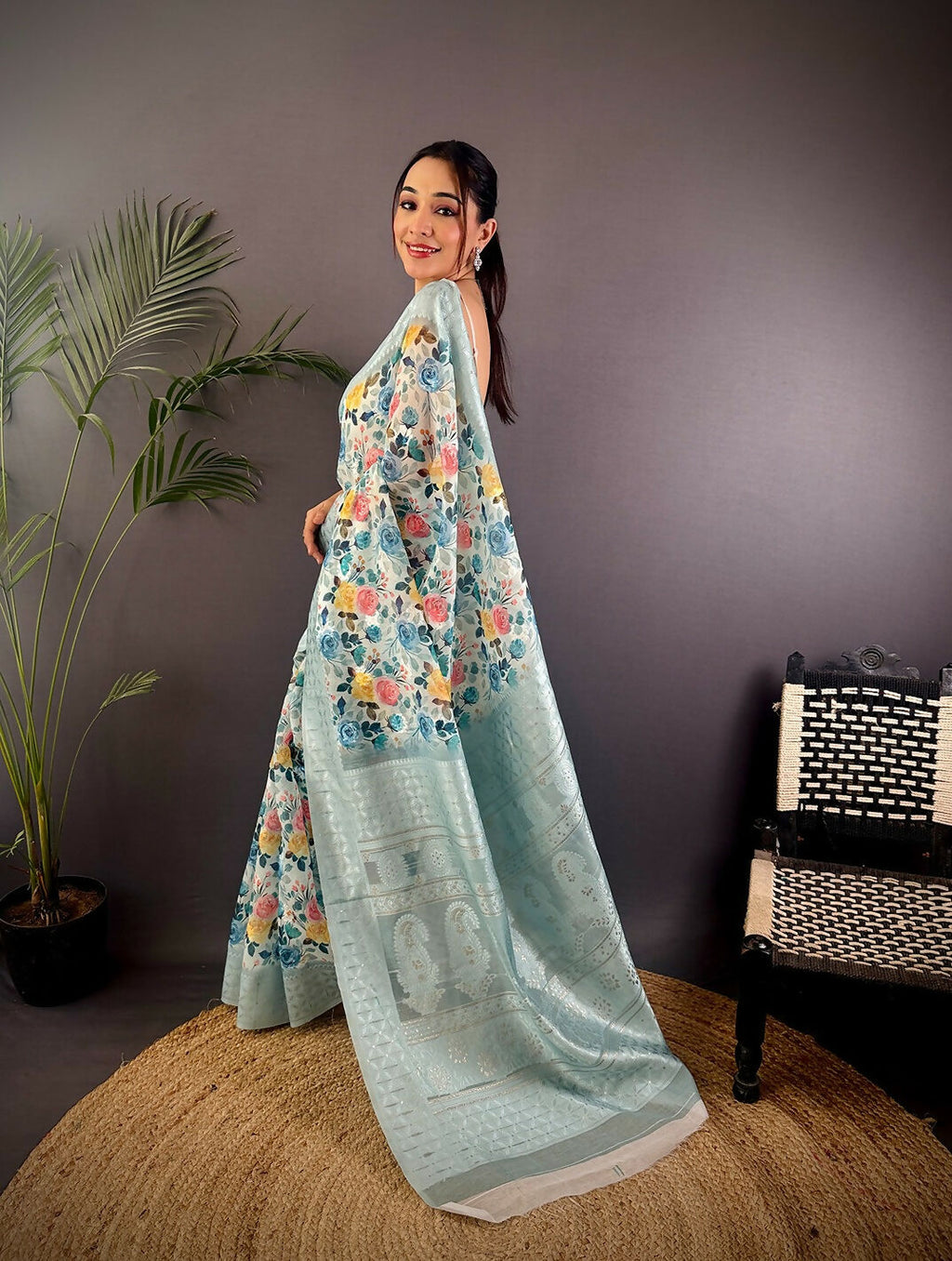 Joban Fashion Grey Floral Motifs Banarasi Silk Sarees | Grocsy