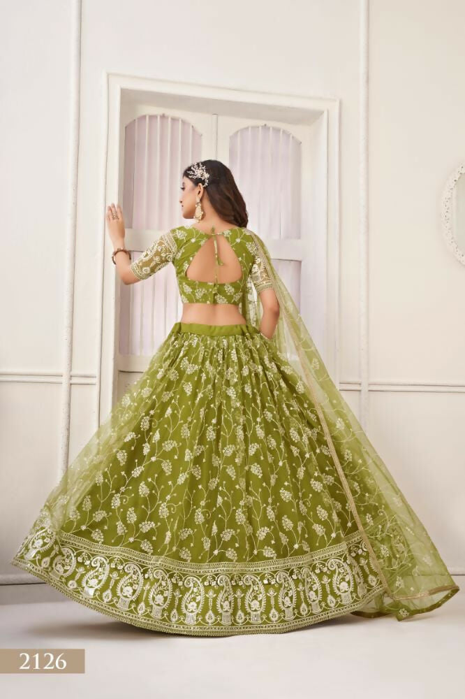 Aastha Fashion Olive Green Butterfly Net White Cotton Thread Work And Sequence Work Embroidery Wedding Wear Lehenga Choli | Grocsy