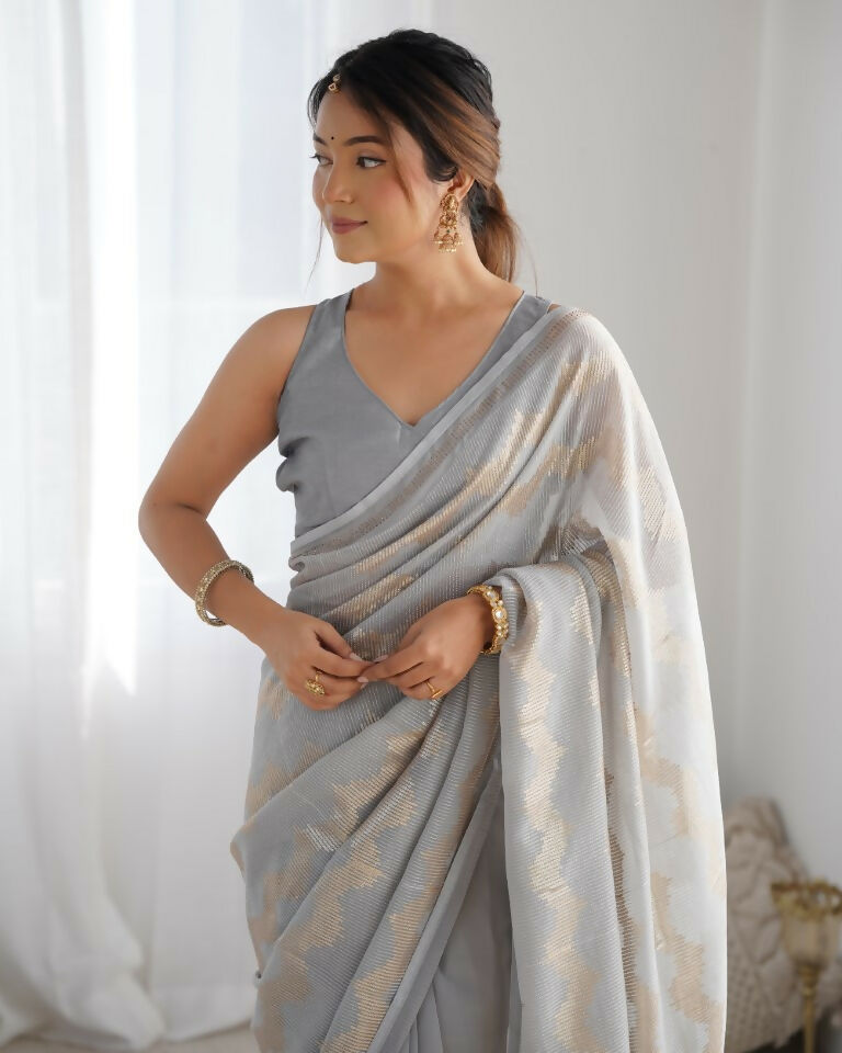 Grey Georgette Sequance Embroidery Work Border Saree - Sitare | Grocsy