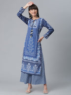 Ahalyaa Women Navy Blue Crepe Floral Print kurta With Palazzo | Grocsy