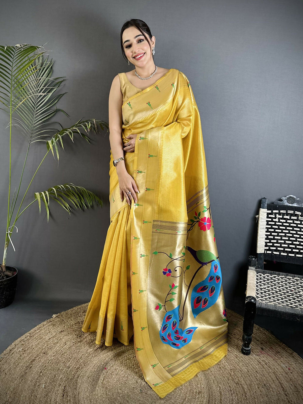 Joban Fashion Yellow Peacock & Floral Motifs Tissue Paithani Saree | Grocsy