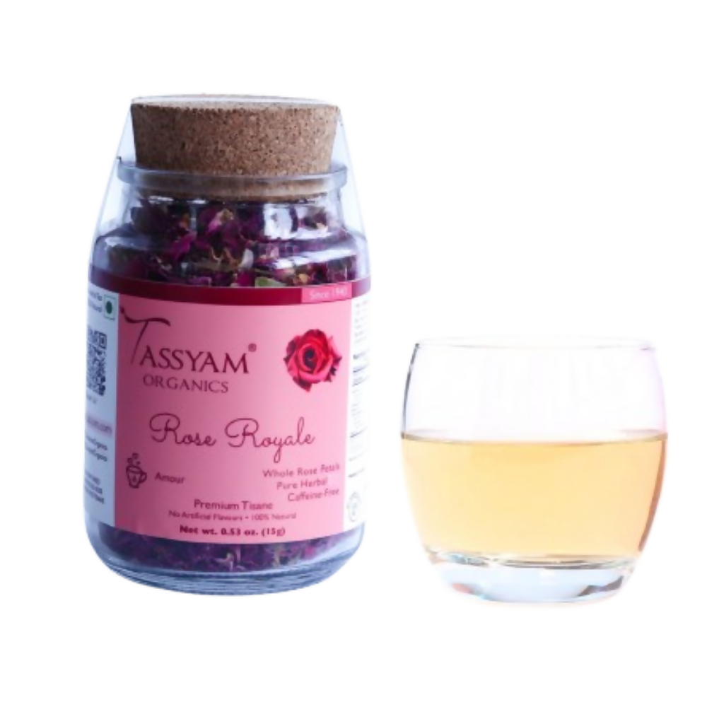Tassyam Organics Rose Royale Herbal Tisane - Glass Bottle | Grocsy