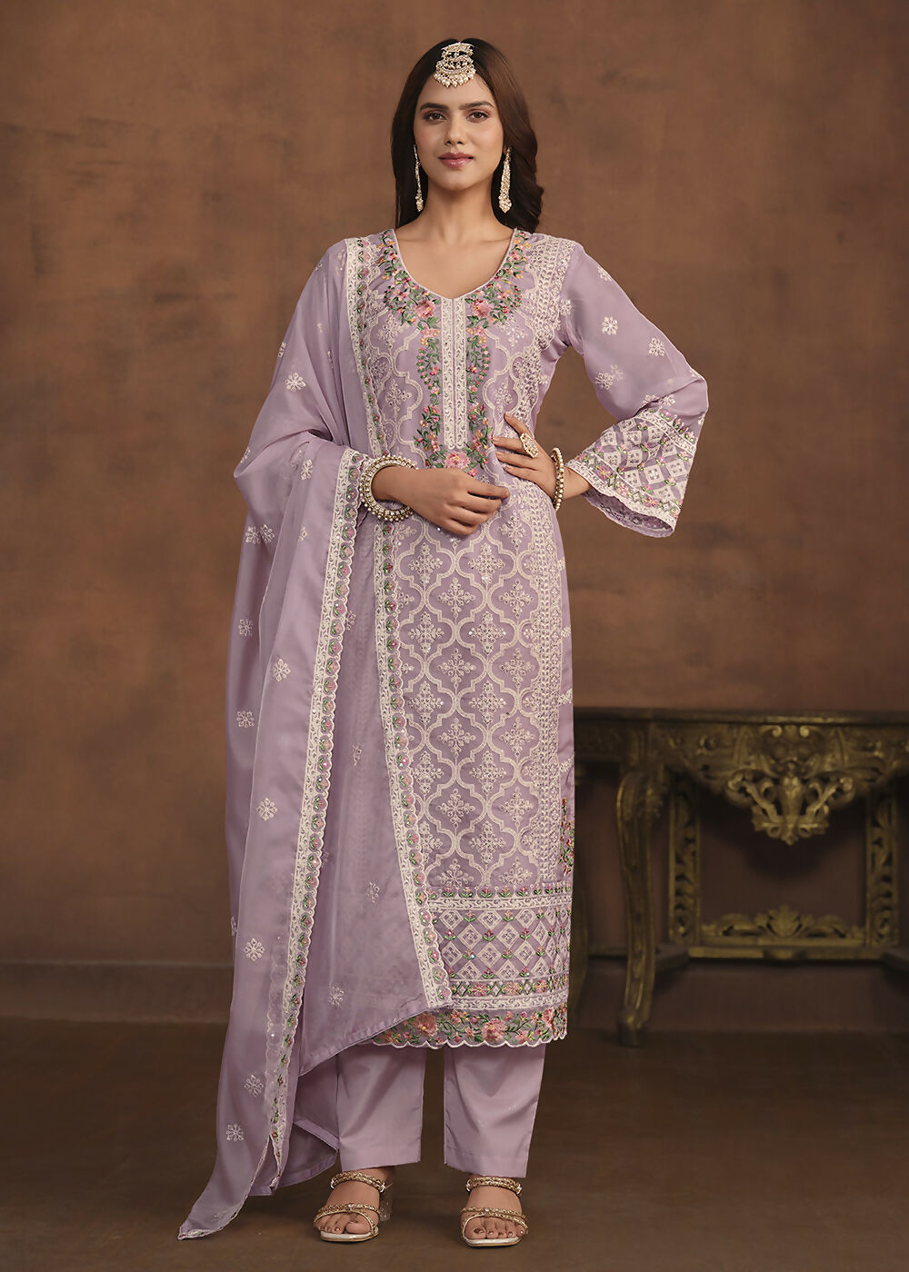 Lavender Soft Organza Embroidered Festive Salwar Suit - Emponline | Grocsy