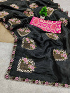 Teeya Creation Black Color Pure Paper Silk Heavy Embroidery Work Wedding Wear Saree | Grocsy