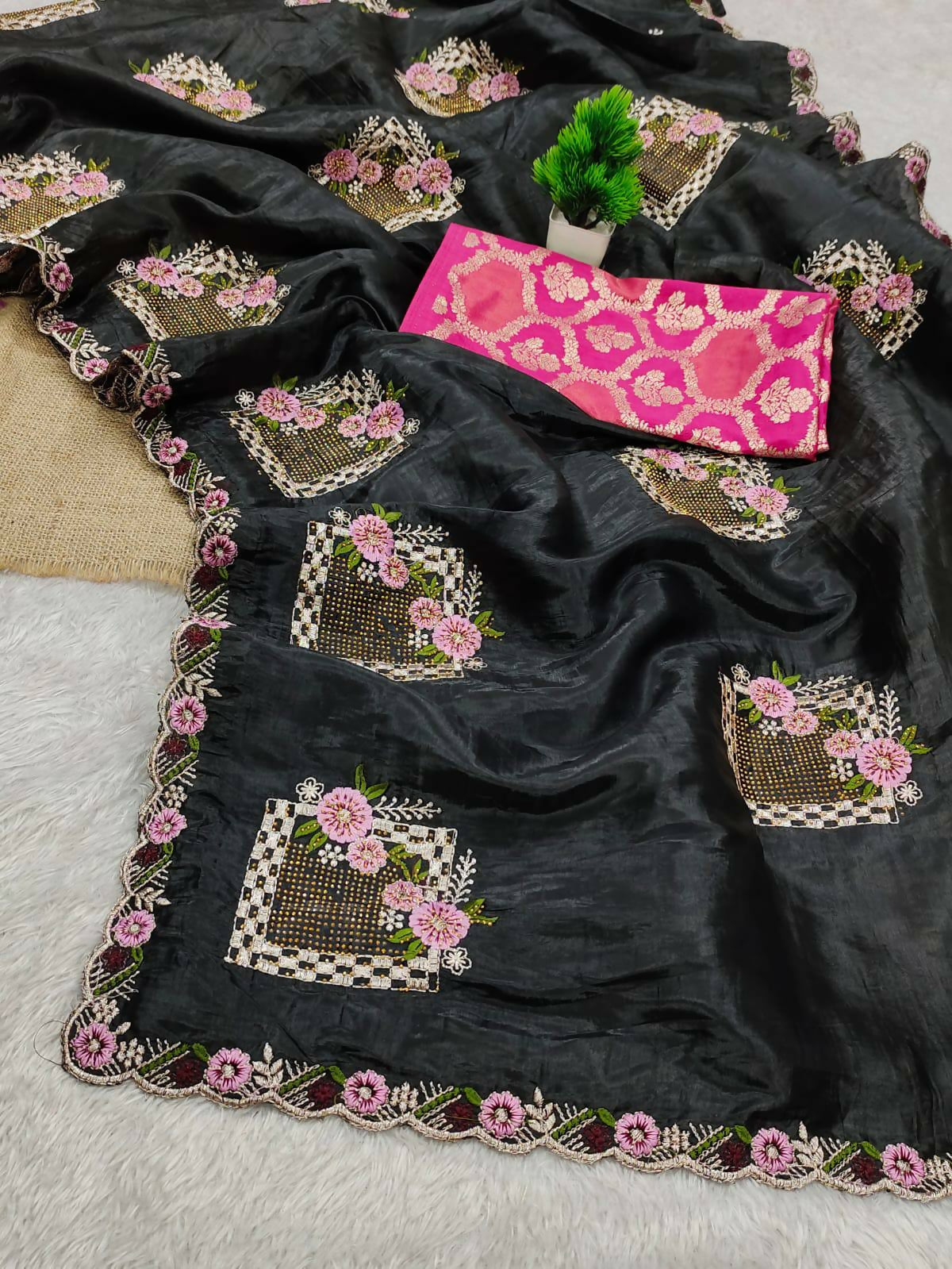 Teeya Creation Black Color Pure Paper Silk Heavy Embroidery Work Wedding Wear Saree | Grocsy