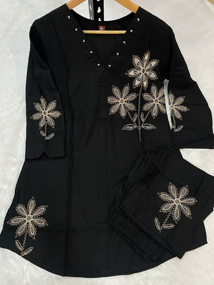 Teeya Creation New Latest Stylish Elegant Black Embroidered Kurti with Matching Pants Co-ord Set | Grocsy