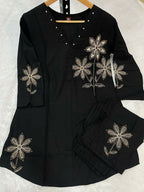 Teeya Creation New Latest Stylish Elegant Black Embroidered Kurti with Matching Pants Co-ord Set | Grocsy
