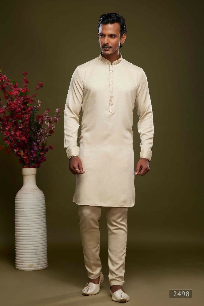 Raivat Ethnic Art Banarasi Silk Thread Work Kurta Pajama In Cream Beige Colour | Grocsy