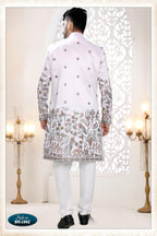 Joban Fashion Men's White Straight Silk Thread And Sequence Embroidery All Over 3 Pc Kurta Set | Grocsy