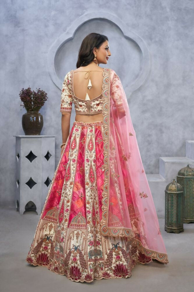 Kesar Fab Ivory Organza Embroidered Lehenga | Grocsy