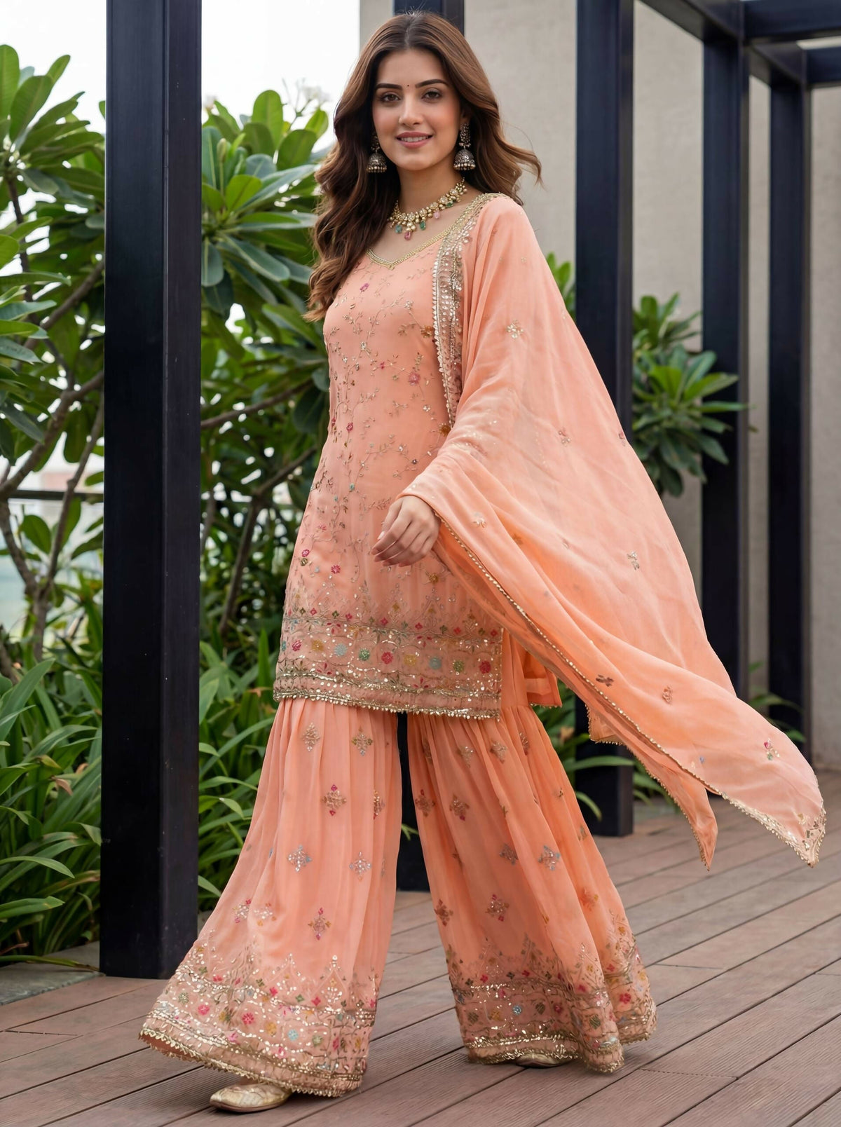 Joban Fashion Orange Georgette Embroidered Sharara Set | Grocsy