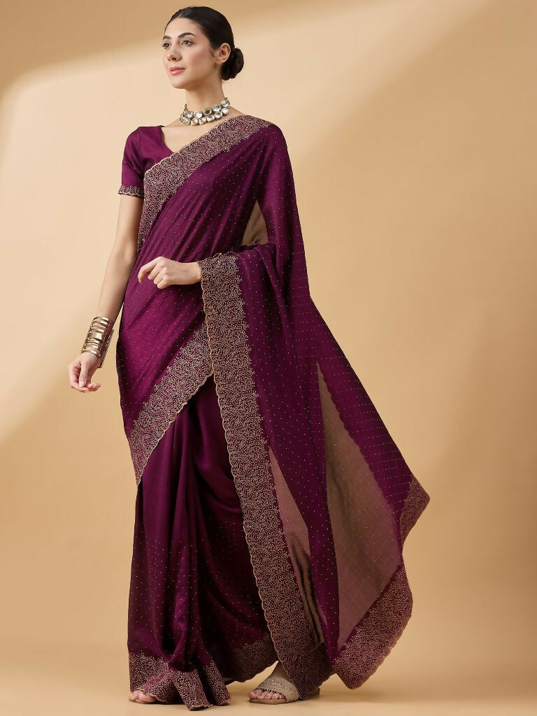 Purple Silk Blend Embroidered Saree with Unstitched Blouse - Vairagi | Grocsy