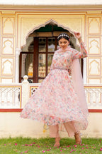 Vaasva Women White Organza Floral Print & Embroidered Anarkali Kurta, Pant & Dupatta set | Grocsy