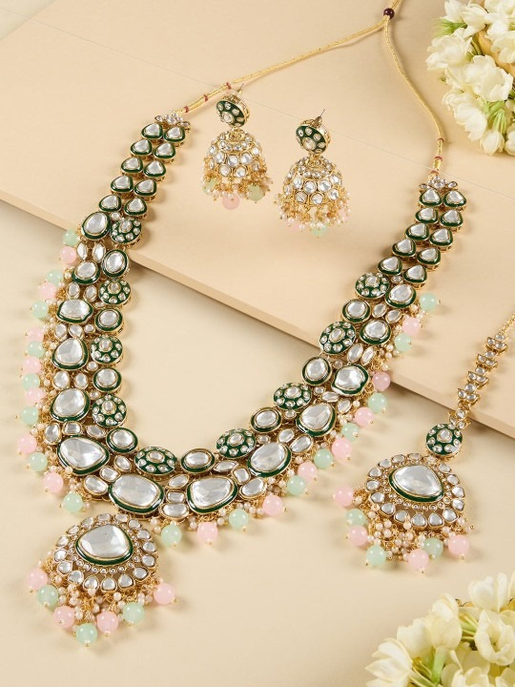 Jewel City Gold-Plated Kundan Bridal Necklace Set with Pastel Beads – Traditional Indian Wedding Jewelry for Women | Grocsy
