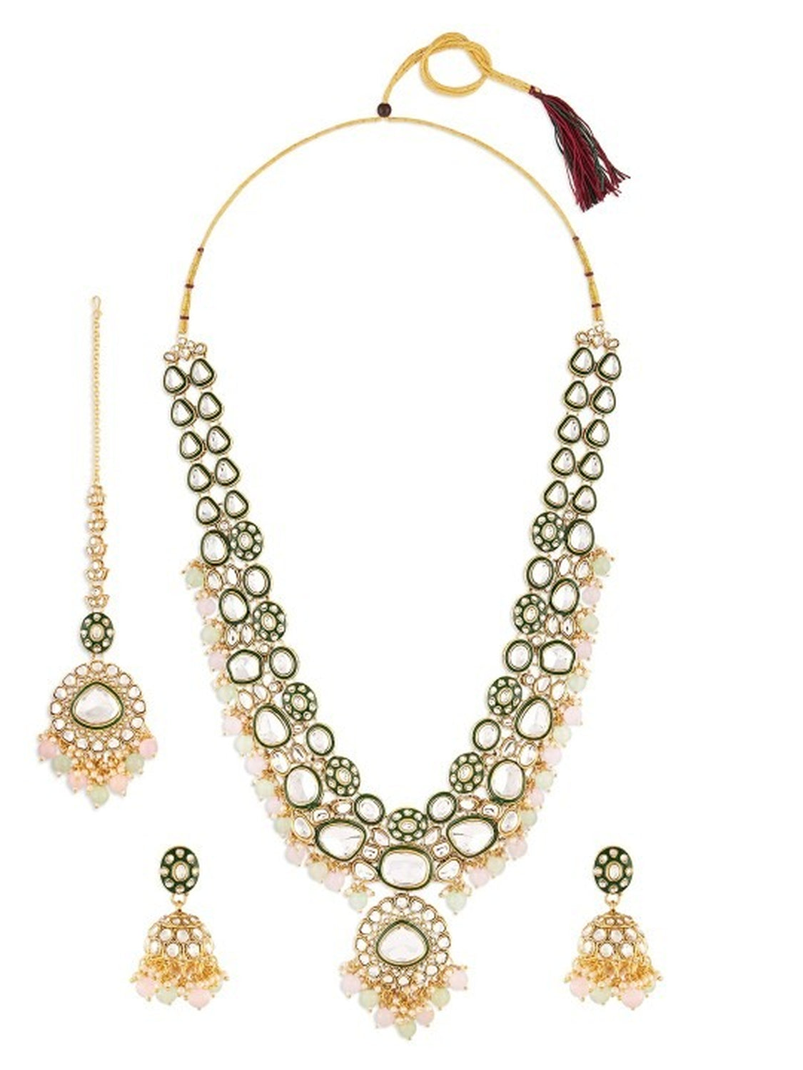 Jewel City Gold-Plated Kundan Bridal Necklace Set with Pastel Beads – Traditional Indian Wedding Jewelry for Women | Grocsy