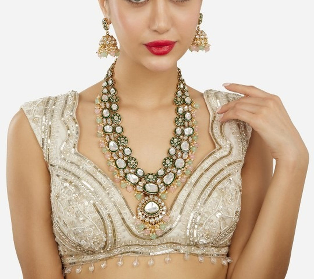Jewel City Gold-Plated Kundan Bridal Necklace Set with Pastel Beads – Traditional Indian Wedding Jewelry for Women | Grocsy