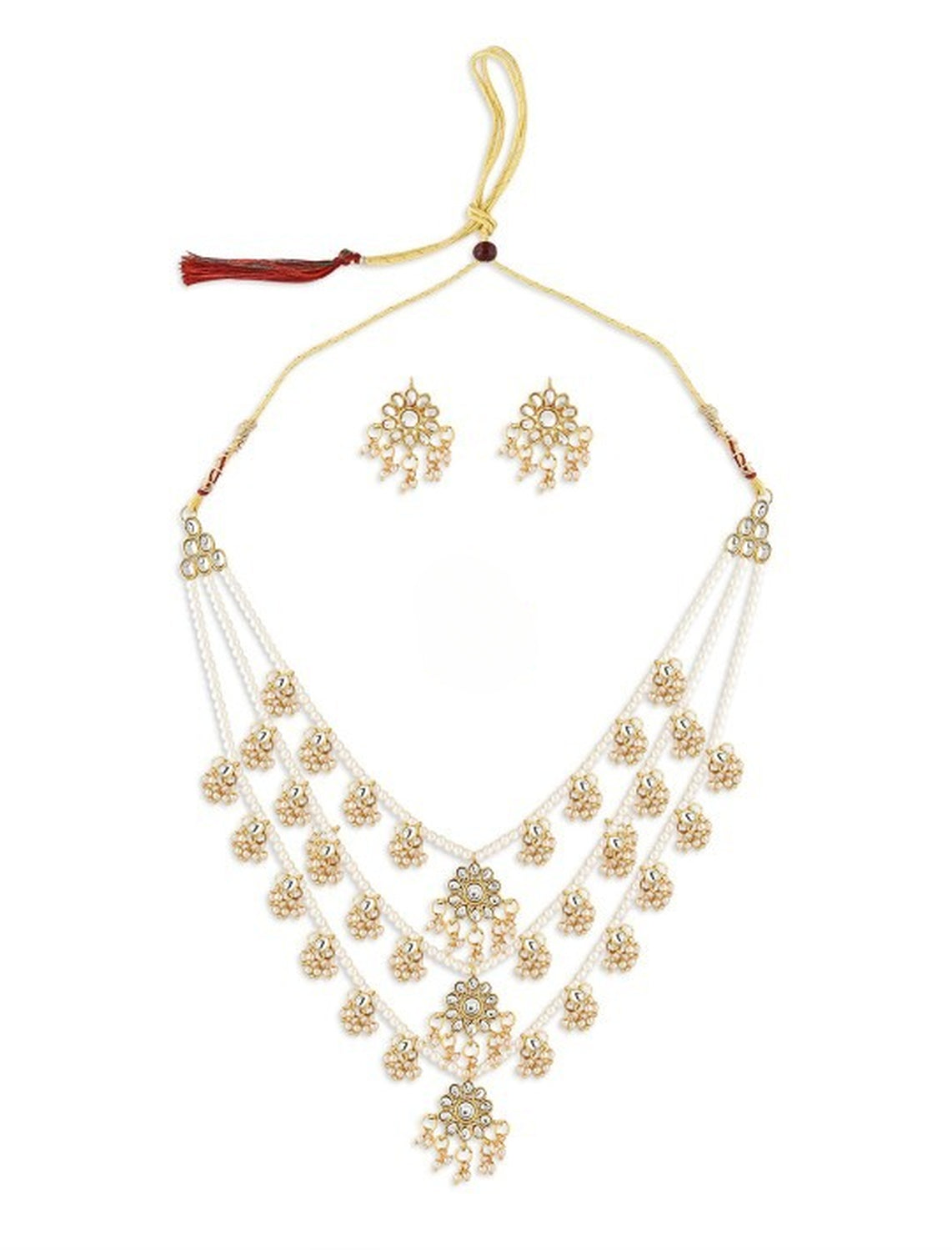 Jewel City Gold-Plated & White Kundan-Studded & Pearl Beaded Jewellery Set | Grocsy
