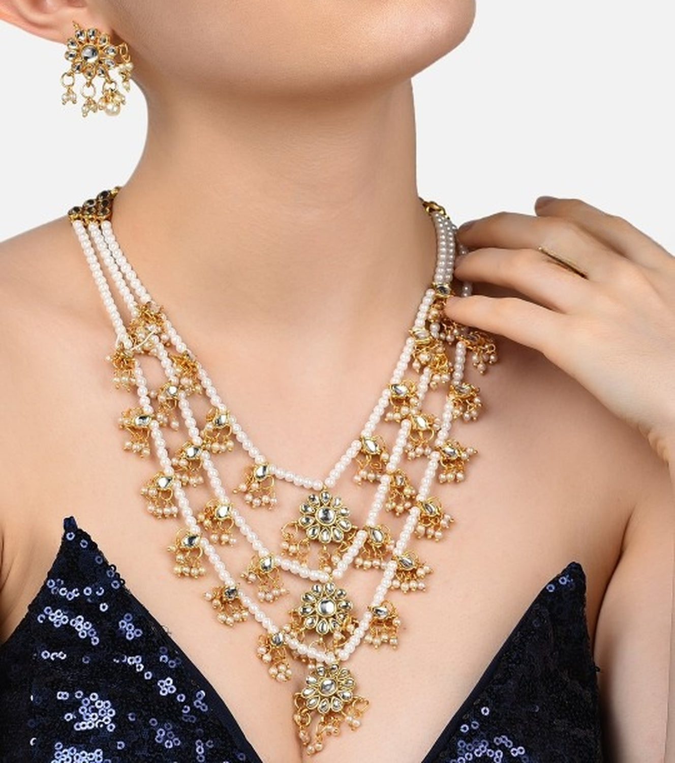Jewel City Gold-Plated & White Kundan-Studded & Pearl Beaded Jewellery Set | Grocsy