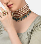 Jewel City Gold-Plated Kundan Choker Necklace Set with Green Beads & Statement Ring – Traditional Indian Jewelry for Women | Grocsy