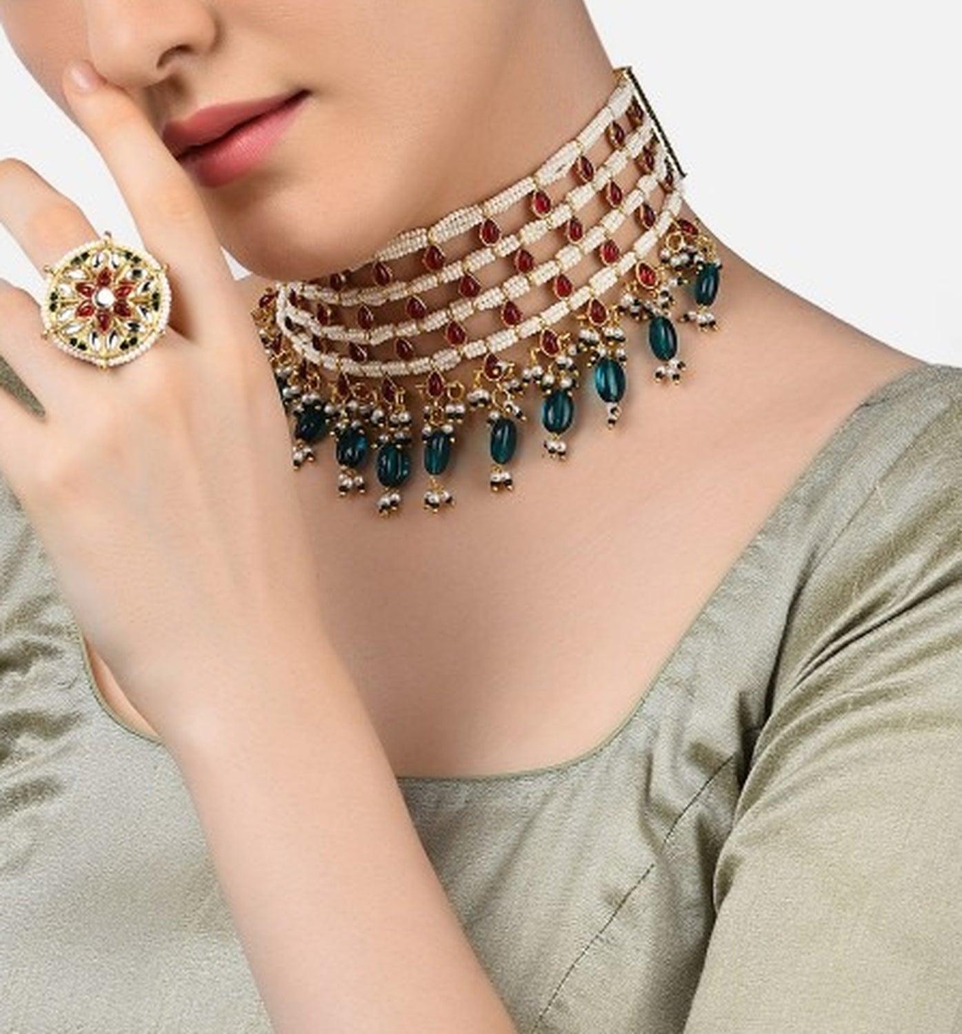 Jewel City Gold-Plated Kundan Choker Necklace Set with Green Beads & Statement Ring – Traditional Indian Jewelry for Women | Grocsy