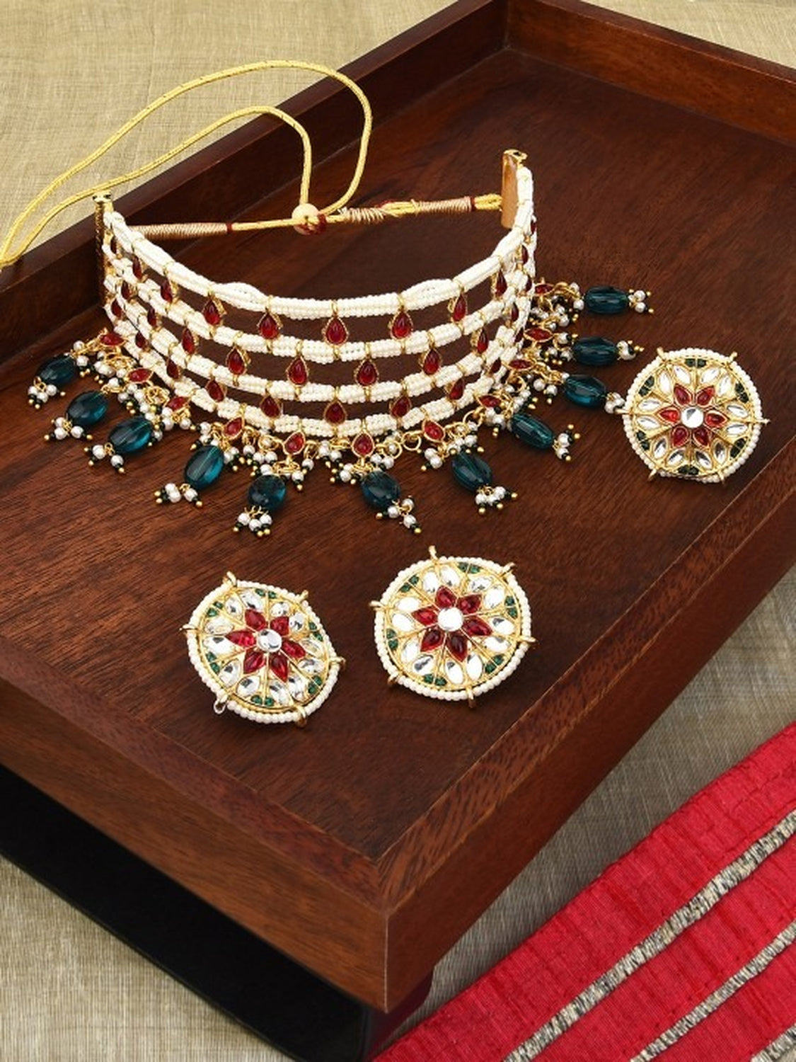 Jewel City Gold-Plated Kundan Choker Necklace Set with Green Beads & Statement Ring – Traditional Indian Jewelry for Women | Grocsy