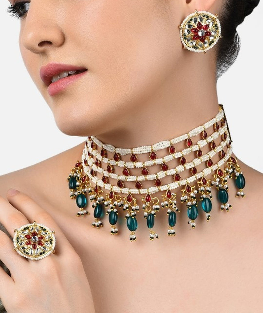Jewel City Gold-Plated Kundan Choker Necklace Set with Green Beads & Statement Ring – Traditional Indian Jewelry for Women | Grocsy