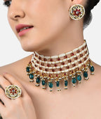 Jewel City Gold-Plated Kundan Choker Necklace Set with Green Beads & Statement Ring – Traditional Indian Jewelry for Women | Grocsy