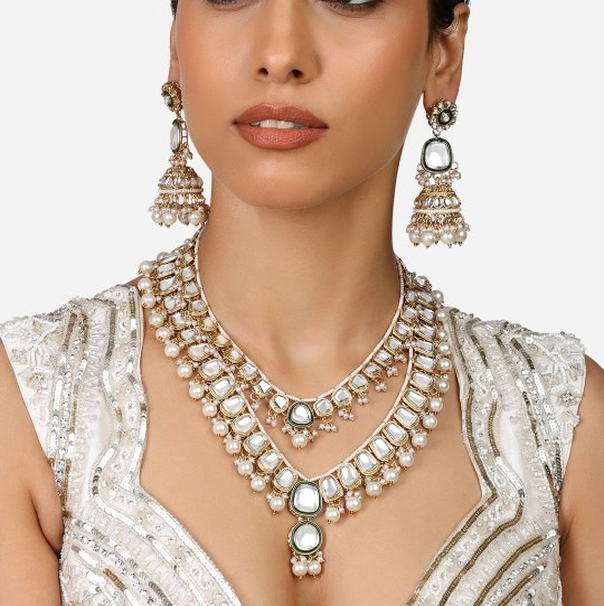 Jewel City Gold-Plated Kundan Bridal Necklace Set with Pearls & Green Stones Traditional Indian Jewelry for Weddings & Festive Wear | Grocsy