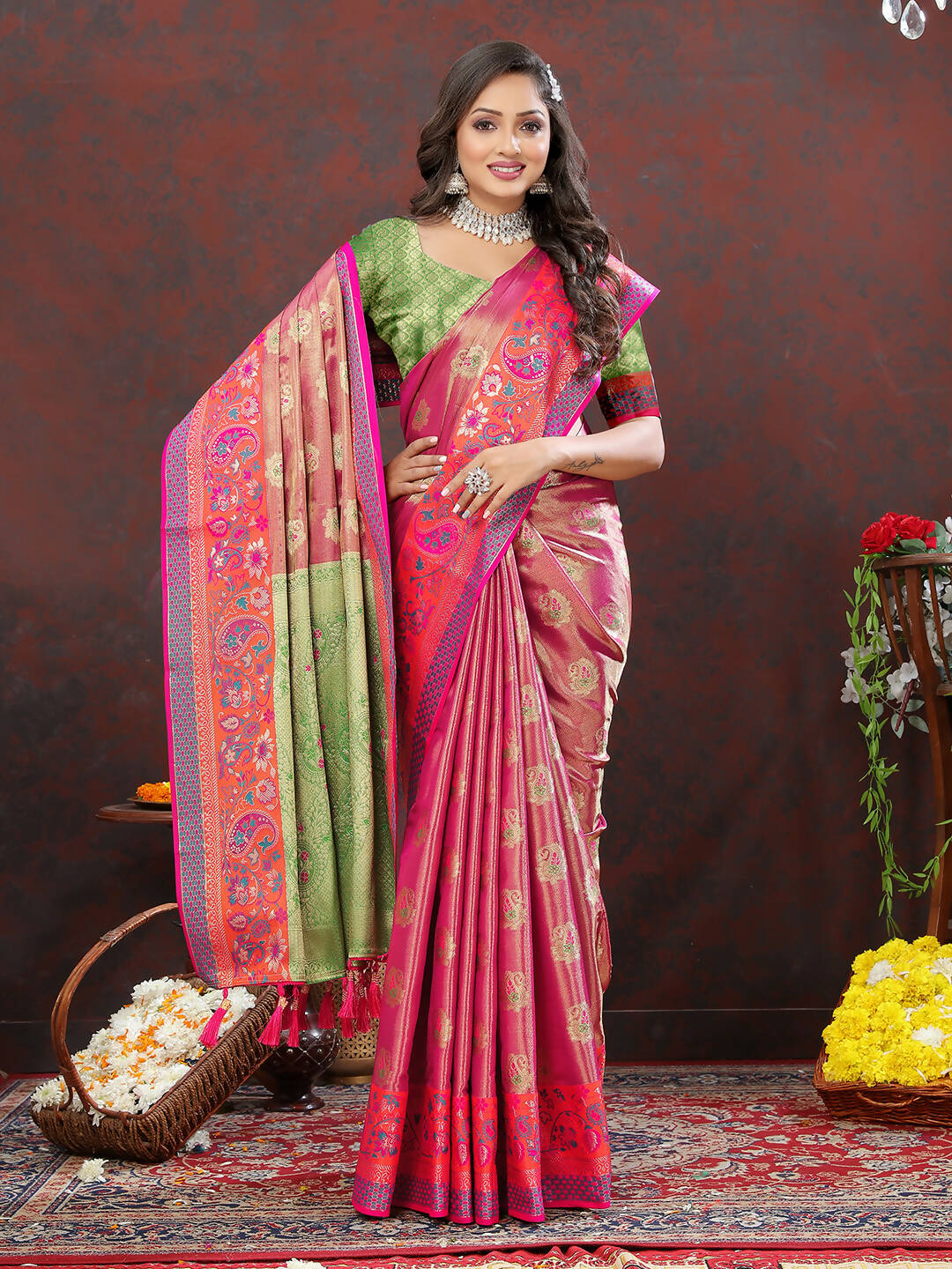 Lorenvalley Fashion Magenta Kanjivaram Silk Woven Design with Zari Weaving Saree | Grocsy