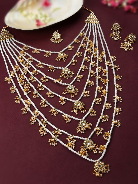 Jewel City Traditional Multi-Layer Kundan Pearl Rani Haar Set – Handcrafted Gold-Plated Indian Long Necklace with Earrings | Grocsy