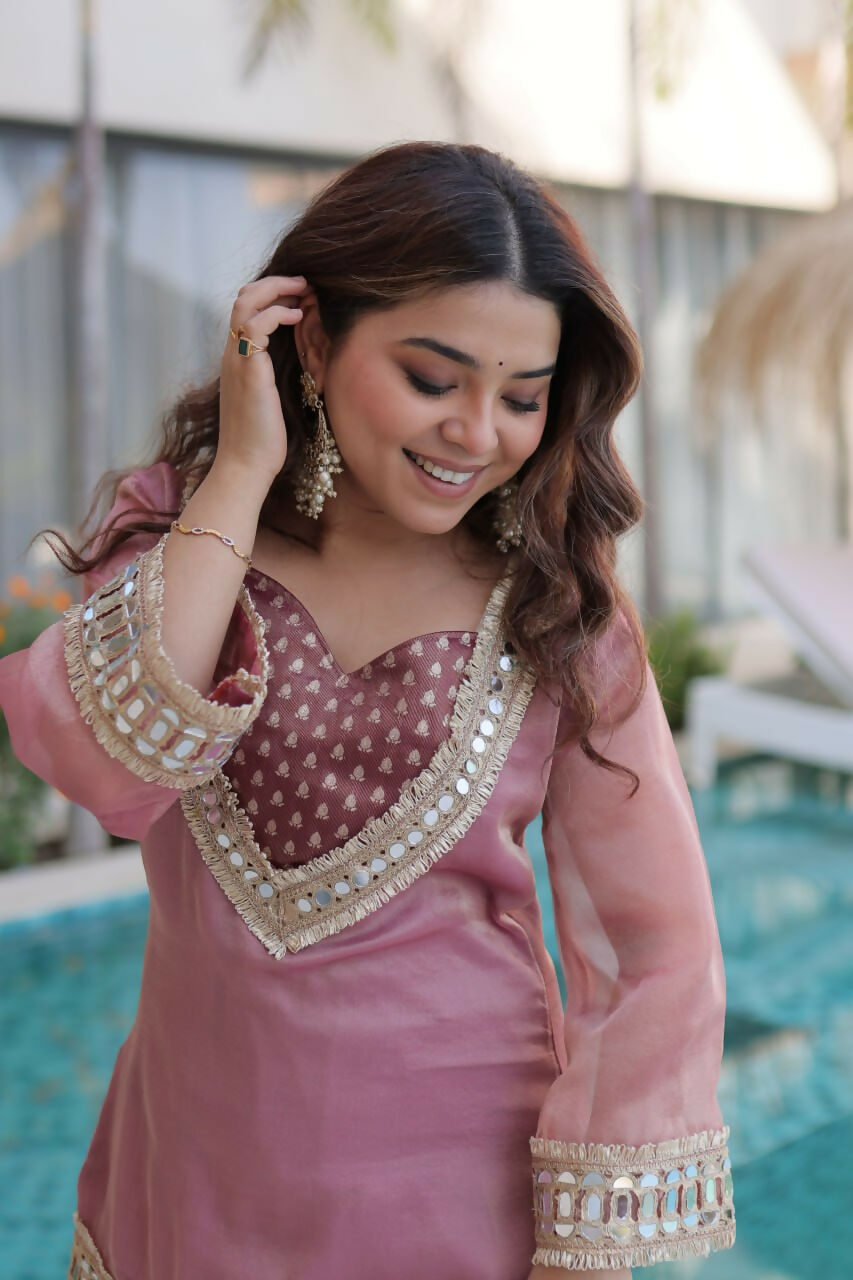 Teeya Creation Womens New Wedding Wear Peach Color Salasa Fabrics With Mirror & Lace Work Kurta Pant Set | Grocsy