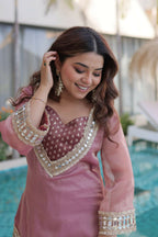 Teeya Creation Womens New Wedding Wear Peach Color Salasa Fabrics With Mirror & Lace Work Kurta Pant Set | Grocsy