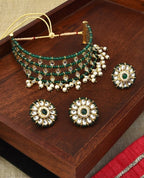 Jewel City Indian Gold-Plated & Green Alloy Gold-Plated Kundan-Studded & Beaded Jewellery Set | Grocsy