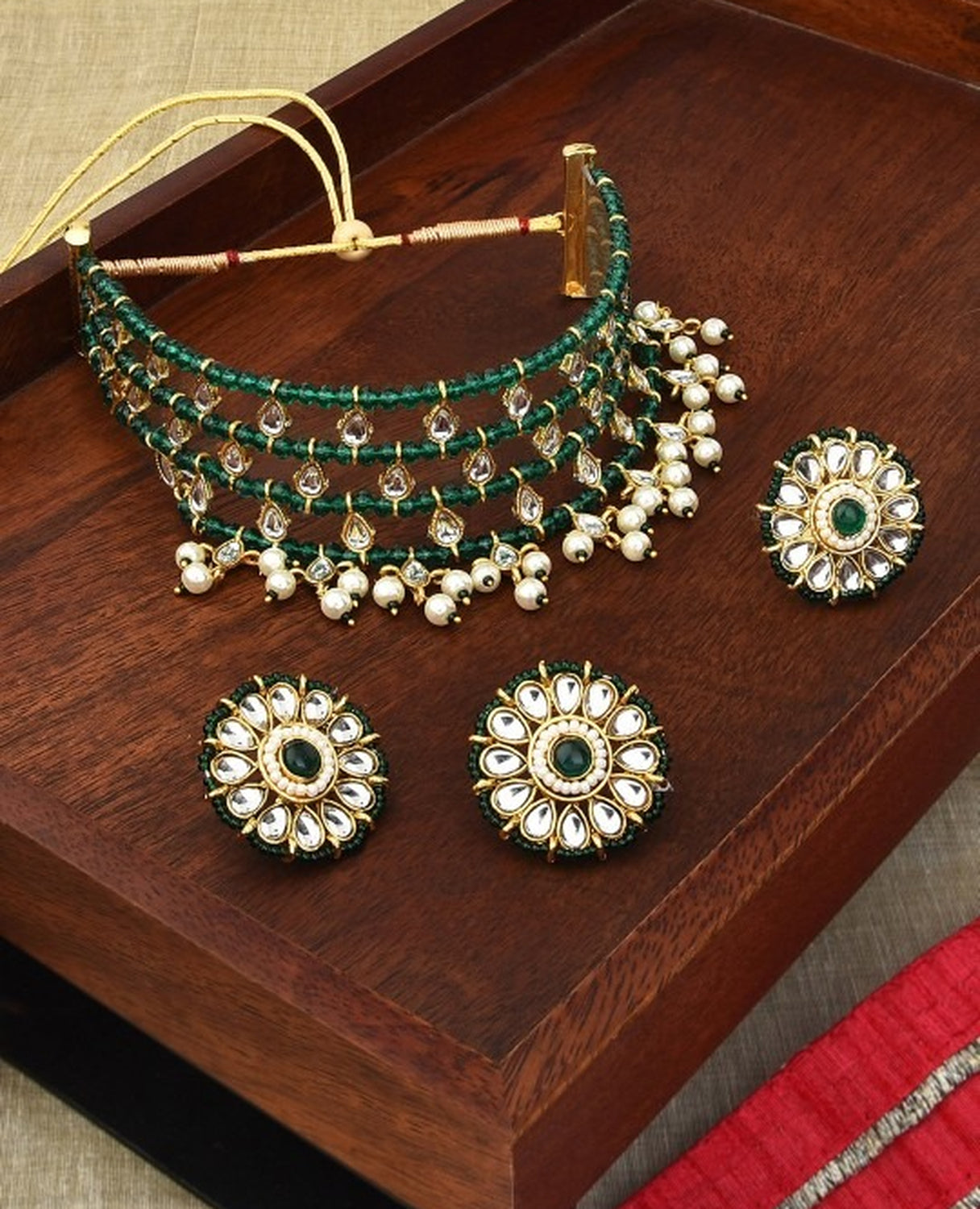 Jewel City Indian Gold-Plated & Green Alloy Gold-Plated Kundan-Studded & Beaded Jewellery Set | Grocsy